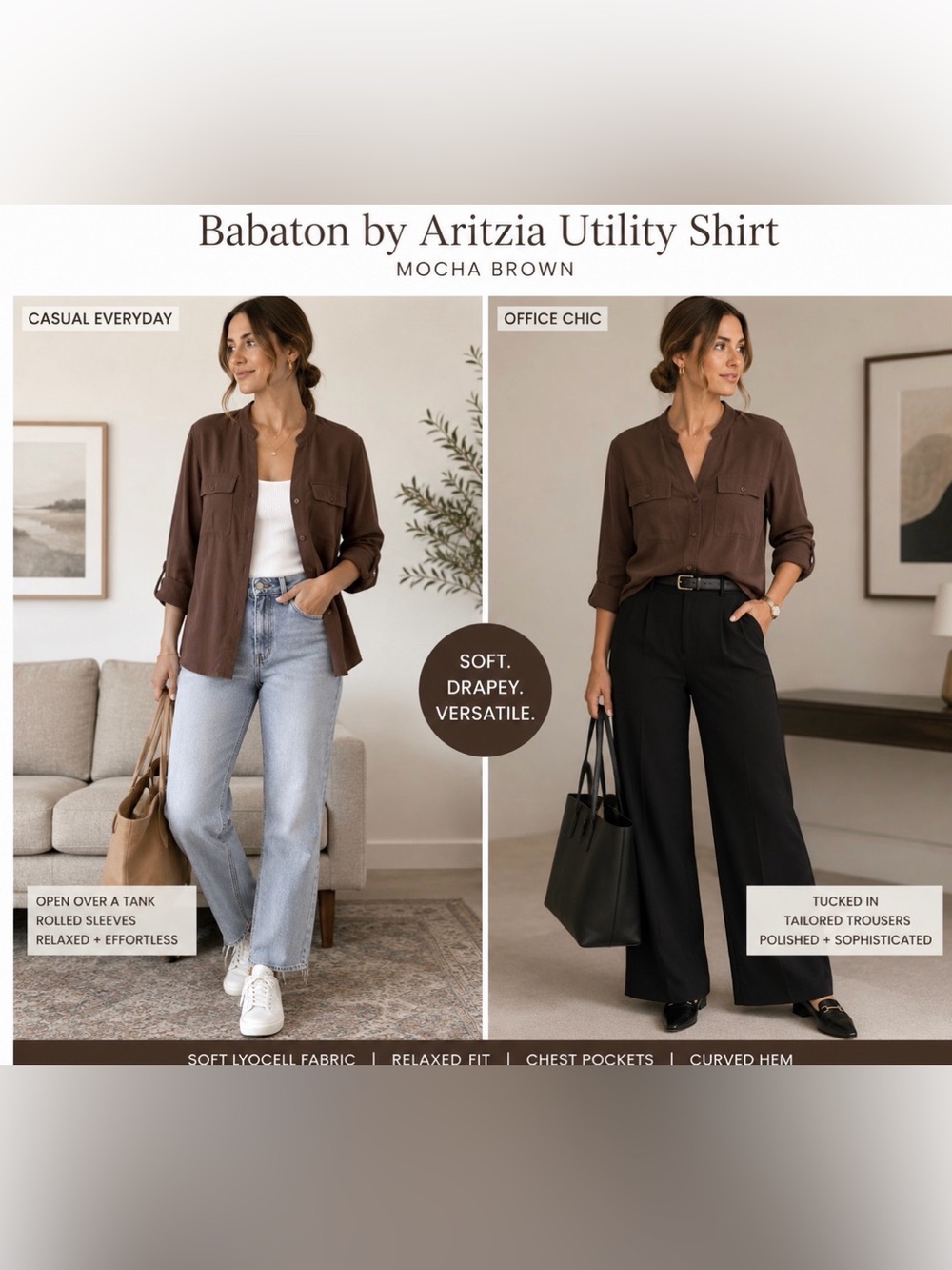 NWT Babaton Aritzia Utility Button Front Lyocell Shirt Blouse Rich Mocha Brown M